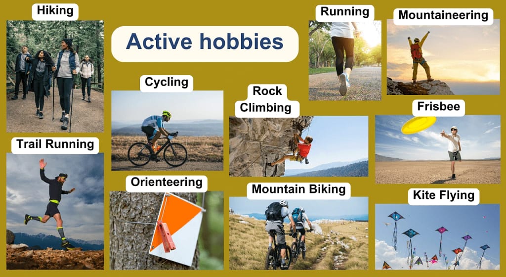 Collage showing active hobbies from vigorous activities to calm pastimes