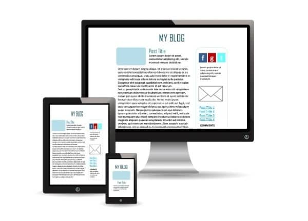 Responsive blog layout displayed on a desktop, tablet, and smartphone, illustrating blogging as a profitable hobby.